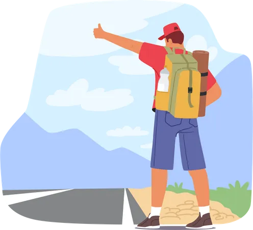 Backpack-wearing Hitchhiker Waiting On Roadside With Thumb Up  Illustration