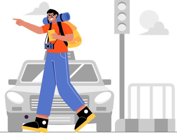 道路を渡るバックパッカーの男性  イラスト