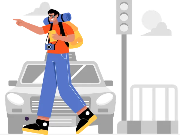 道路を渡るバックパッカーの男性  イラスト