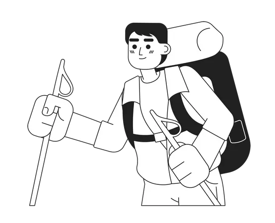 Backpacker trekker with walking poles  Illustration