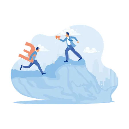 Bad Boss With Megaphone Speak To Employee Carrying Golden Euro Symbol To Climb To Top Of Mountain. Finance Control Scenes Concept. Trend Modern Vector Flat Illustration  일러스트레이션