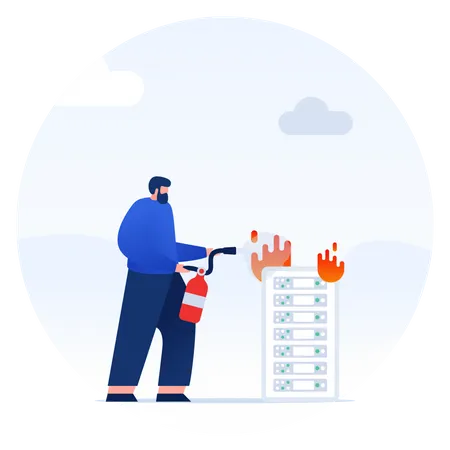 Illustration Of Man Extinguishes A Fire On A Server Using A Fire Extinguisher Illustration