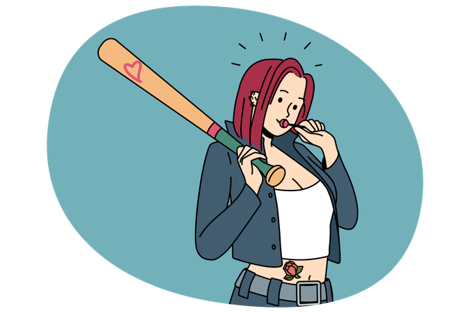 Bad girl in open clothes with tattoos on body licking lollipop  Illustration