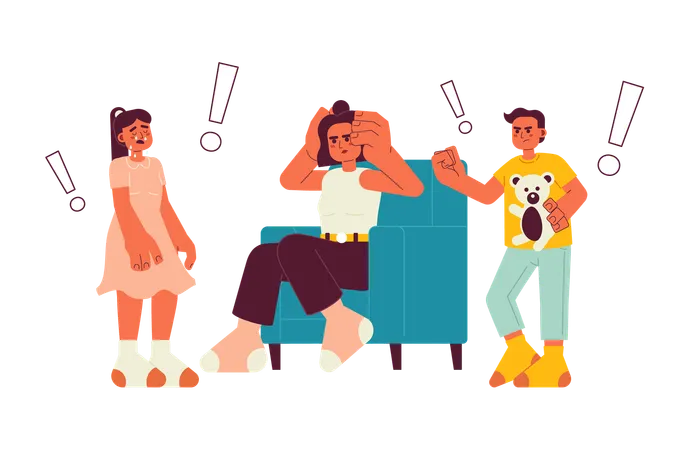 Bad Parenting Day Flat Vector Spot Illustration Tired Mom And Siblings Having Fight 2 D Cartoon Characters On White For Web UI Design Hispanic Family At Home Isolated Editable Creative Hero Image Illustration