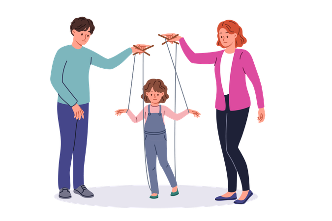 Bad parents manipulate child using strings of puppeteers to raise unhappy daughter  Illustration