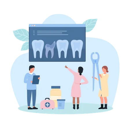 Bad Tooth Removal In Hospital Dentistry Vector Illustration Cartoon Tiny Dentists Study Xray Of Teeth To Remove Dead Broken Human Tooth With Dental Tool Surgery Extraction And Operation In Clinic Illustration