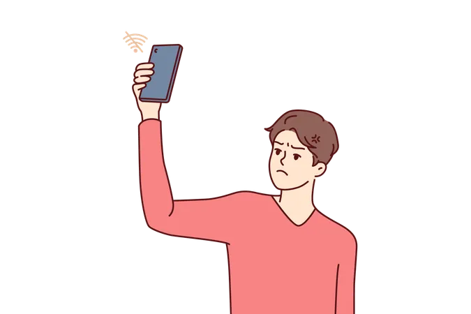 Bad Wifi Connection Causes Sadness In Man Who Lifts Mobile Phone Up And Wants To Connect To Internet Guy With Smartphone Is Having Problems Connecting To Wifi Because Of Broken Gadget Or Weak Signal イラスト