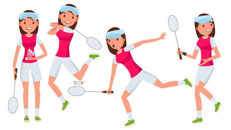 Badminton Female Player Vector. In Action. Championship Training. Cartoon Character Illustration  Illustration