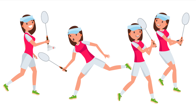 Badminton Female Player Vector. Playing In Different Poses. Woman. Athlete Isolated On White Cartoon Character Illustration  Illustration