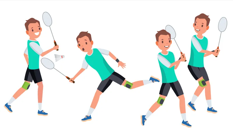 Vetor De Jogador Masculino De Badminton Jogando Em Poses Diferentes Homem Atleta Isolado Em Ilustracao De Personagem De Desenho Animado Branco Ilustração