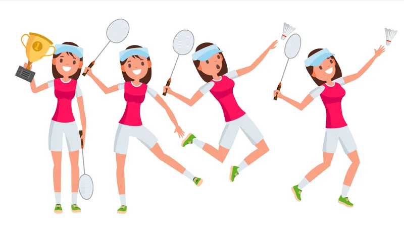 Badminton, Junge Frau, Spieler, Vector., Mädchen, Athlet, Player., Jumping,, Practicing., Flache, Karikatur, Abbildung  Illustration