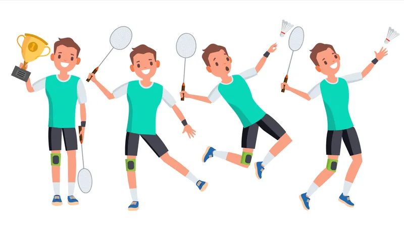 Badminton Male Player Vector. Playing In Different Poses. Man Athlete. Isolated On White Cartoon Character Illustration Illustration