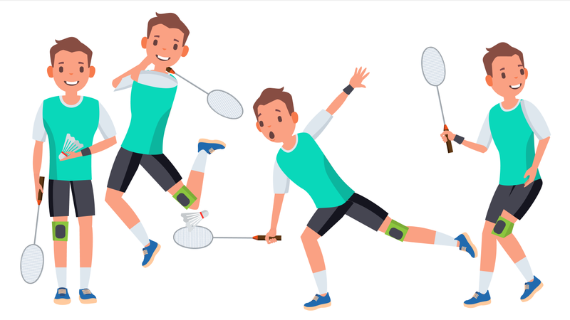 Badminton Man Player Male Vector. Athlete In Uniform. Jumping, Practicing. Cartoon Athlete Character Illustration  Illustration