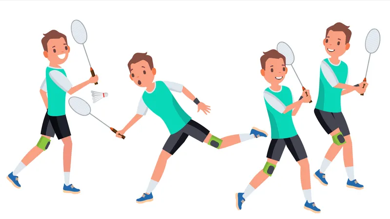 Badminton, Männlich, Spieler, Vector., In, Action., Racket., Modernes, Sport, Hobby., Halten, Shuttlecock., Karikatur, Zeichen, Abbildung  Illustration