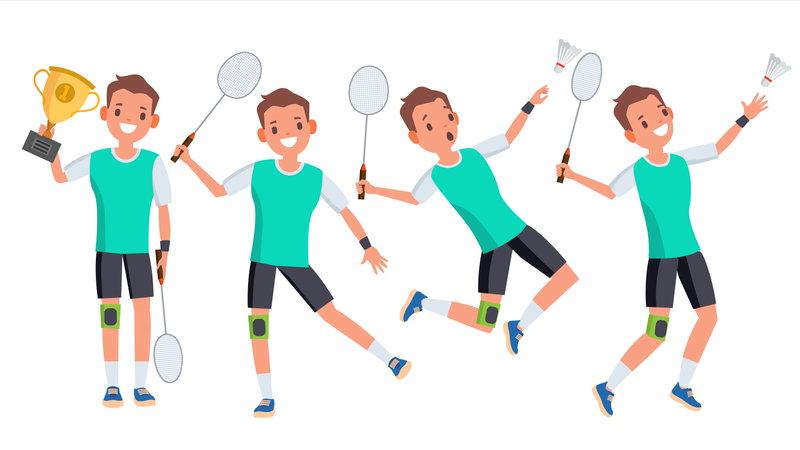 Badminton, Männlich, Spieler, Vector., Spielender, In, Verschieden, Poses., Mann, Athlet., Freigestellt, Weiß, Karikatur, Zeichen, Abbildung  Illustration