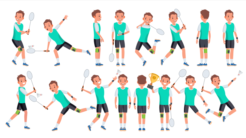 Badmintonspieler, Männlich, Vector., Summer, Activity., Meisterschaft, Training., Freigestellt, Flache, Karikatur, Zeichen, Abbildung  Illustration