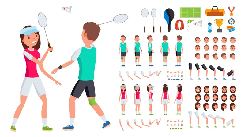 Badmintonspieler, Männlich, Weiblich, Vector., Animiert, Zeichen, Schöpfung, Set., Mann, Frau, Volle Länge, Front, Seite, Back, Ansicht., Badminton, Accessories., Posen, Emotionen, Gestures., Flache, Karikatur, Abbildung  Illustration