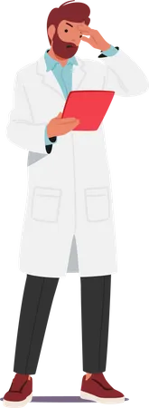 Baffled Male Doctor Character Staring At Clipboard With Document Displaying Perplexed Expression As He Tries To Decipher Its Contents Isolated On White Background Cartoon People Vector Illustration イラスト