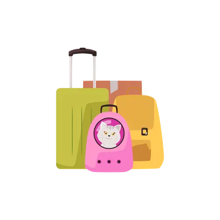Bagagem de viagem e transportadora para animais de estimação com gato  Ilustração