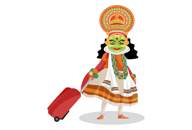 Bailarina Kathakali caminando con bolsa de equipaje.  Ilustración
