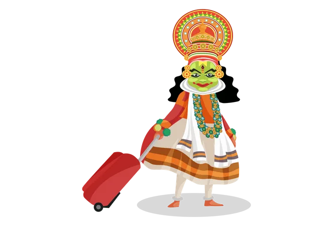 Bailarina Kathakali caminando con bolsa de equipaje.  Ilustración