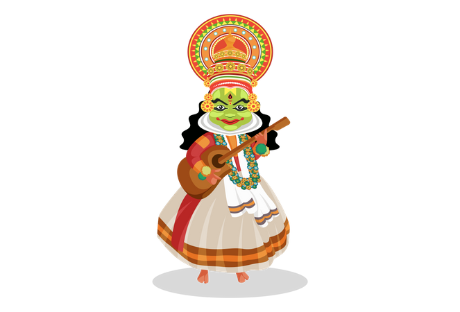 Bailarina Kathakali sosteniendo la guitarra en la mano  Ilustración