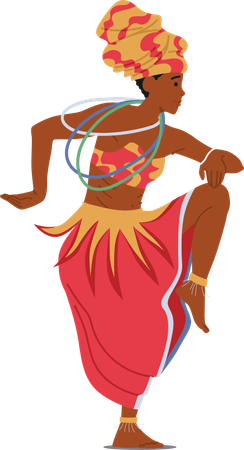 Bailarina tribal africana ataviada con un atuendo vibrante se mueve rítmicamente al son de ritmos antiguos  Ilustración