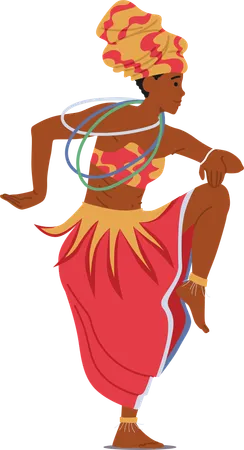 Bailarina tribal africana ataviada con un atuendo vibrante se mueve rítmicamente al son de ritmos antiguos  Ilustración