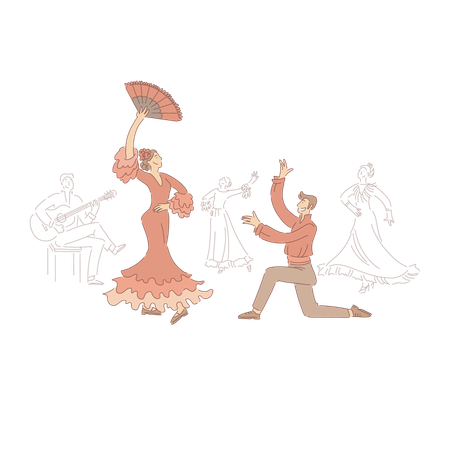 Bailarines profesionales interpretando flamenco.  Ilustración
