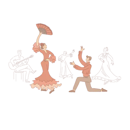 Bailarines profesionales interpretando flamenco.  Ilustración