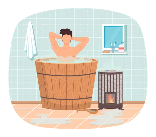 Bain public ou banya à la décoration intérieure de la maison. Un type en tonneau se reposant dans un sauna. Homme dans la vapeur chaude  Illustration
