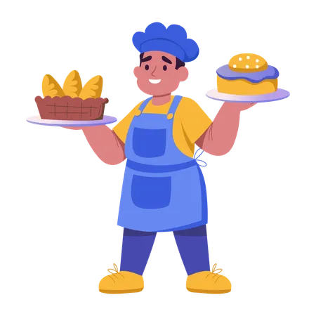 Baker bakes cookies in bakery shop  Illustration