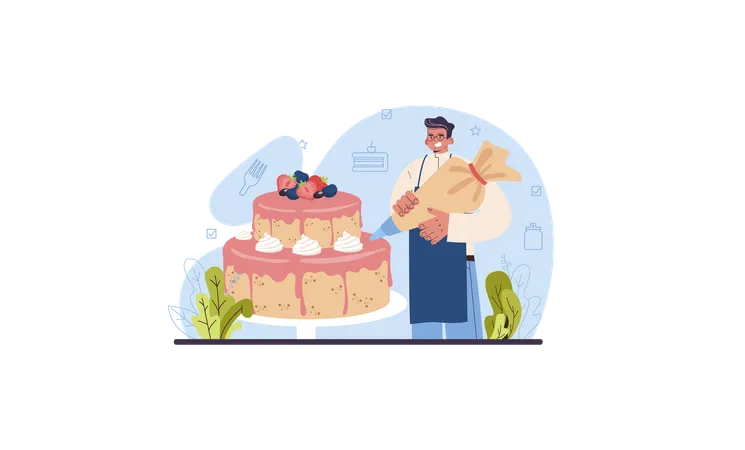 Confectioner Web Banner Or Landing Page Professional Confectioner Chef Making Different Sweets Baker Cooking A Cake For Celebration Cupcakes With Frosting And Candies Flat Vector Illustration Illustration