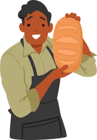 Smiling Salesman Character Donned In Black Apron Proudly Presents A Freshly Baked Bread Loaf Its Golden Crust Emitting A Warm Inviting Aroma Cartoon People Vector Illustration Illustration
