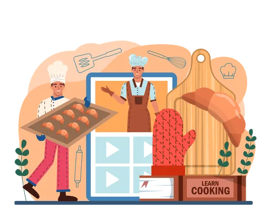 Baker Online Service Or Platform Chef In The Uniform Baking Pastry Bakery Worker Selling Pastries Goods In A Shop Online Course Flat Vector Illustration Illustration