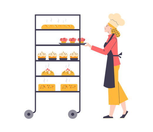 Baker or bakery sales person puts bread out of rack  Illustration