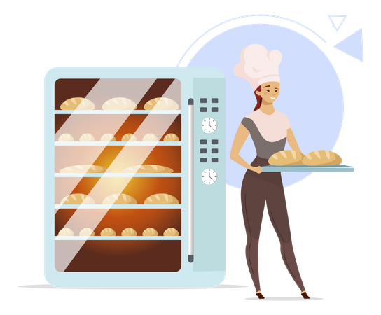 Baker preparing bread in oven Illustration