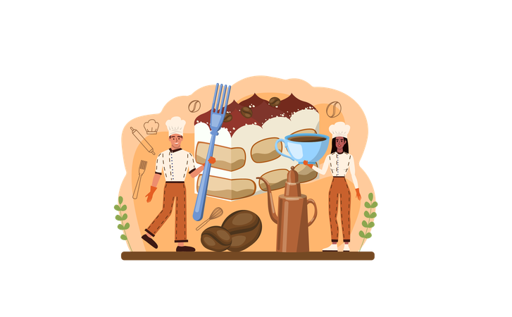 Baker preparing tiramisu cake  イラスト