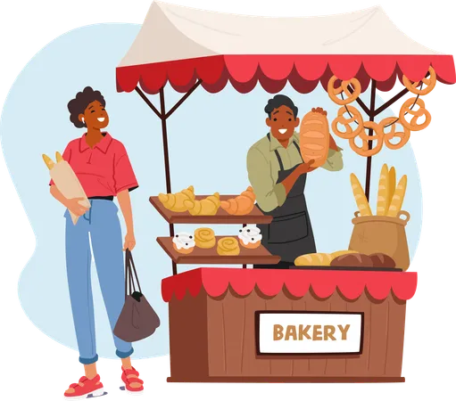 Diligent Salesman Character Adorned In Apron Proudly Presents Fresh Bread Loaves At His Vibrant Bakery Stall Enticing Customers With Warm Aroma Of Baked Goodness Cartoon People Vector Illustration Illustration