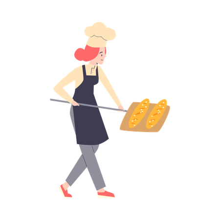 Baker takes bread out of oven on wooden shovel  Illustration