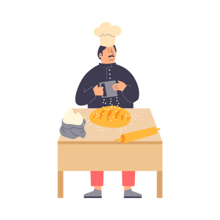콧수염을 기른 빵 굽는 사람이 빵 한 덩어리를 준비하고 있다  일러스트레이션