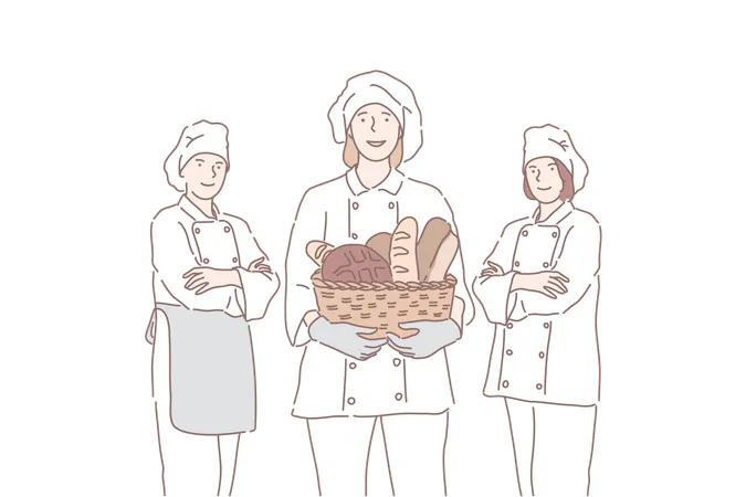 Baker Advertising Cook Business Concept Young Happy People Men And Woman Promote Bakery Professional Chefs Offer Products Bread French Loaf Kitchen Cooking Industrial Simple Flat Vector Illustration
