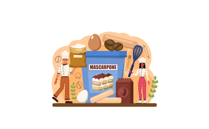 Tiramisu Dessert Web Banner Or Landing Page People Cooking Delicious Italian Cake Sweet Slice Of Restaurant Bakery With Sweet Mascarpone Cheese Cocoa And Biscuit Flat Vector Illustration Illustration