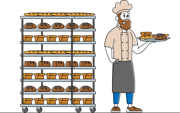Man Baker Character In Sterile Uniform And Hat Holding Tray With Various Fresh Hot Baked Bread Loafs Just Taken From Oven Bakery And Baked Food Production And Manufacture Linear Vector Illustration Illustration