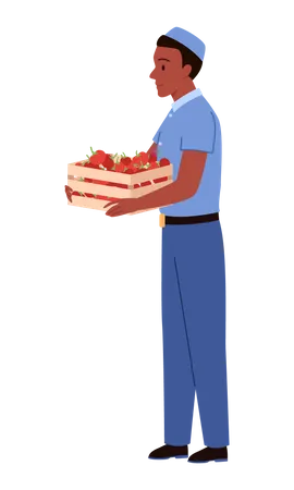 African American Man Seller Of Fruit And Vegetables Salesman With Full Grocery Box Flat Vector Illustration Illustration