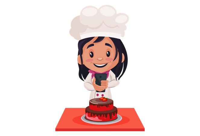 Bakery Girl putting toppings on cake  Illustration