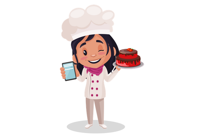 Bakery Girl showing mobile while holding cake Illustration
