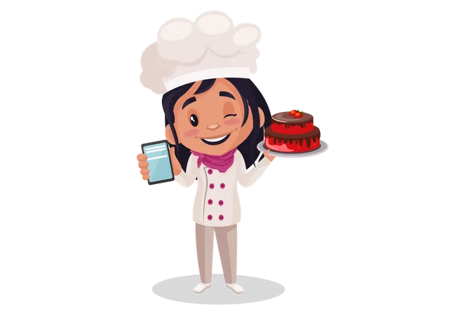 Bakery Girl showing mobile while holding cake  Illustration