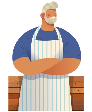 Bakery Small Business Owners Graphics Owner Modern Flat Vector Concept Illustrations Young Blonde Bearded Man Wearing Striped Apron Standing At The Wooden Counter Crossing His Hands Shop Logo Illustration