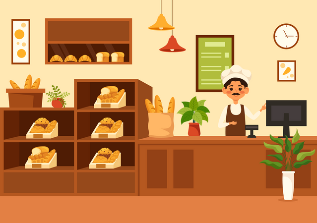 Bakery owner at bakery store  Illustration